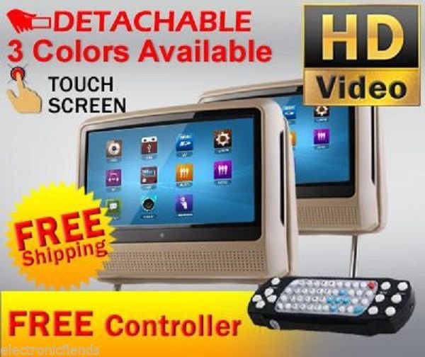 TAN DUAL 9" DIGITAL TOUCHSCREEN HEADREST DVD PLAYER MONITORS MONITORS HEADPHONES