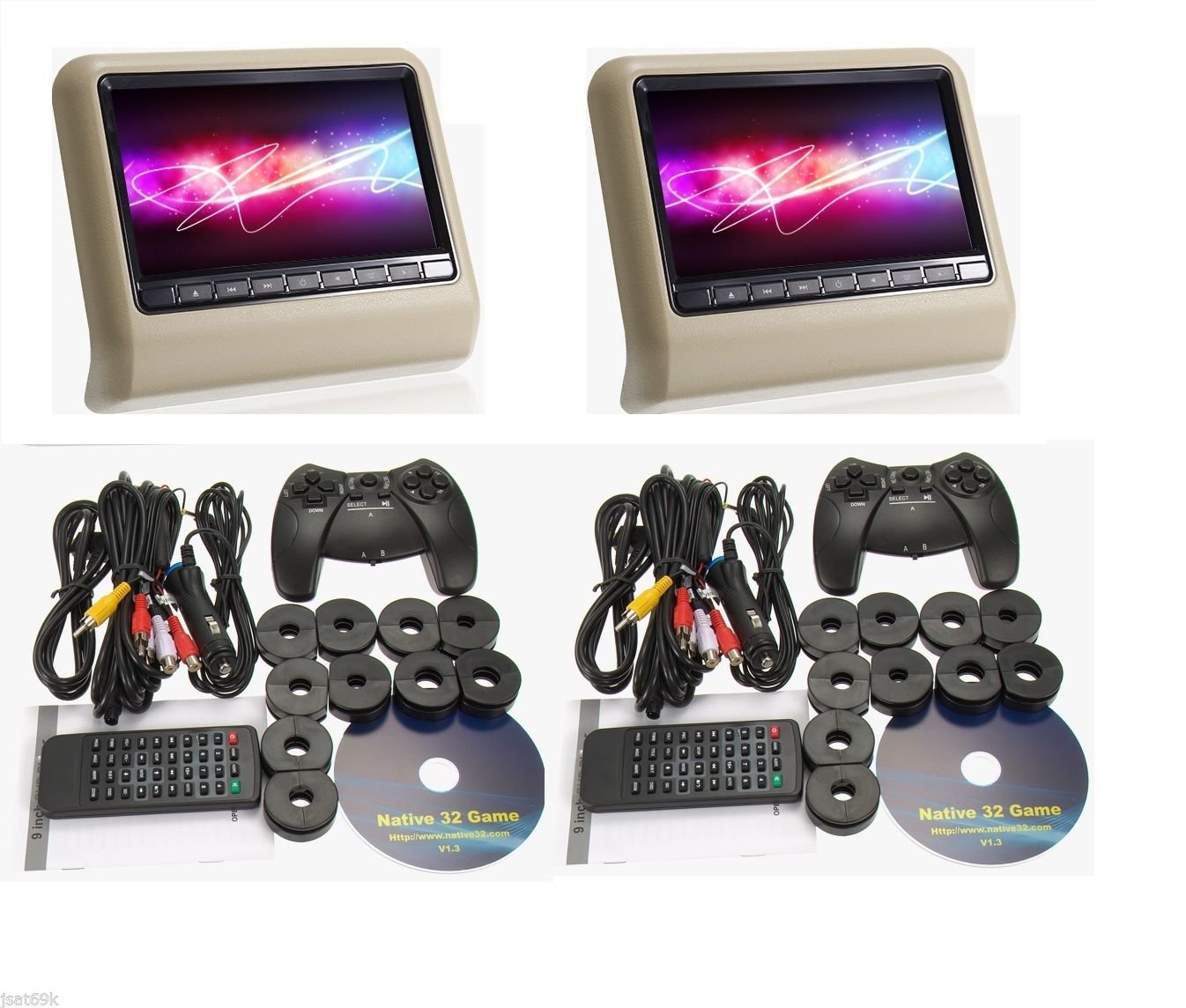 2018 BEIGE PAIR DIGITAL 9" ACTIVE RESTRAINT HEADREST DVD PLAYER MONITOR SCREENS