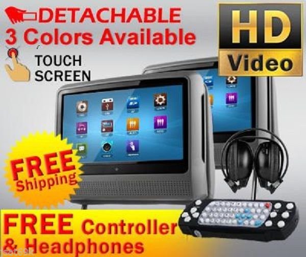 2018 GRAY DUAL 9" DIGITAL TOUCHSCREEN HEADREST LCD CAR MONITOR DVD PLAYER USB