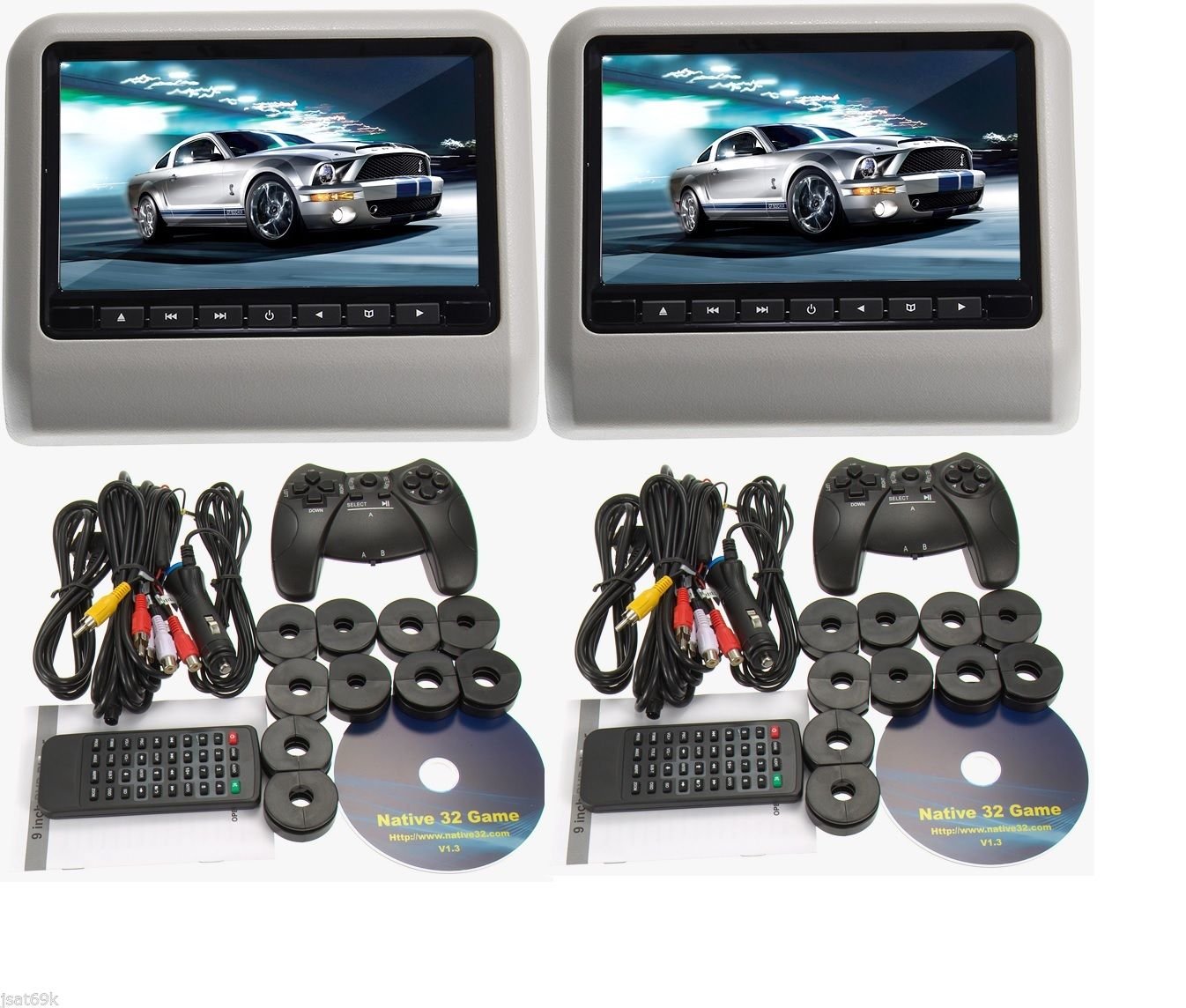 2018 GRAY PAIR DIGITAL 9" ACTIVE RESTRAINT HEADREST DVD PLAYER MONITOR SCREENS