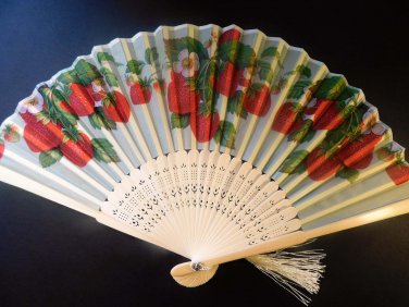 Strawberry Fan Fruit Berries Silk Nylon Handheld Fan Folding Hand Fan Handmade