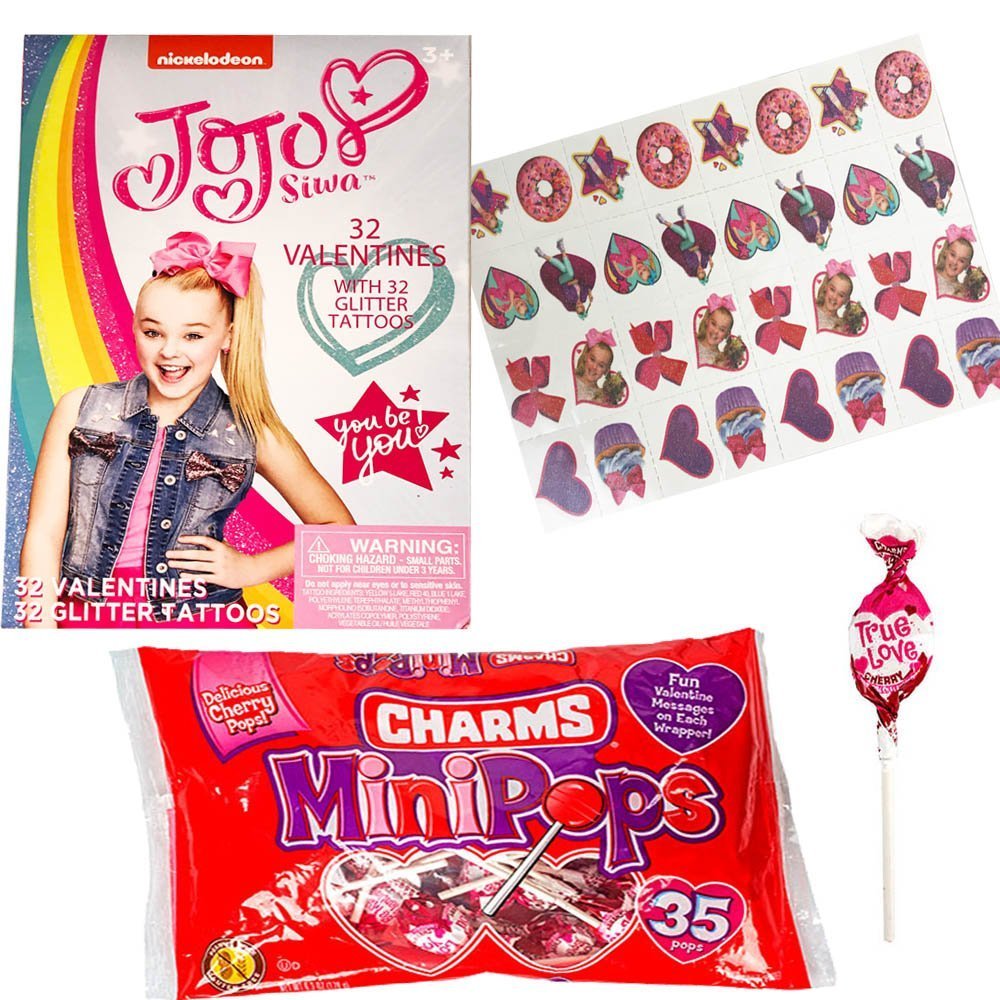 JoJo Siwa 32 Valentine Cards With Glitter Tattoos and Charms Lollipops.