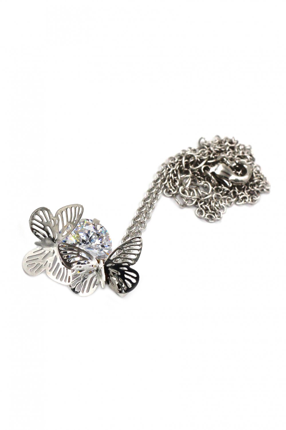 Pretty butterfly crystal silver necklace