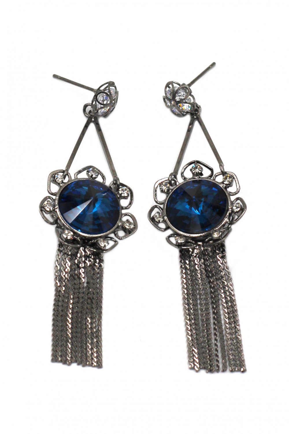 Noble pendant black tassel blue crystal flower earrings