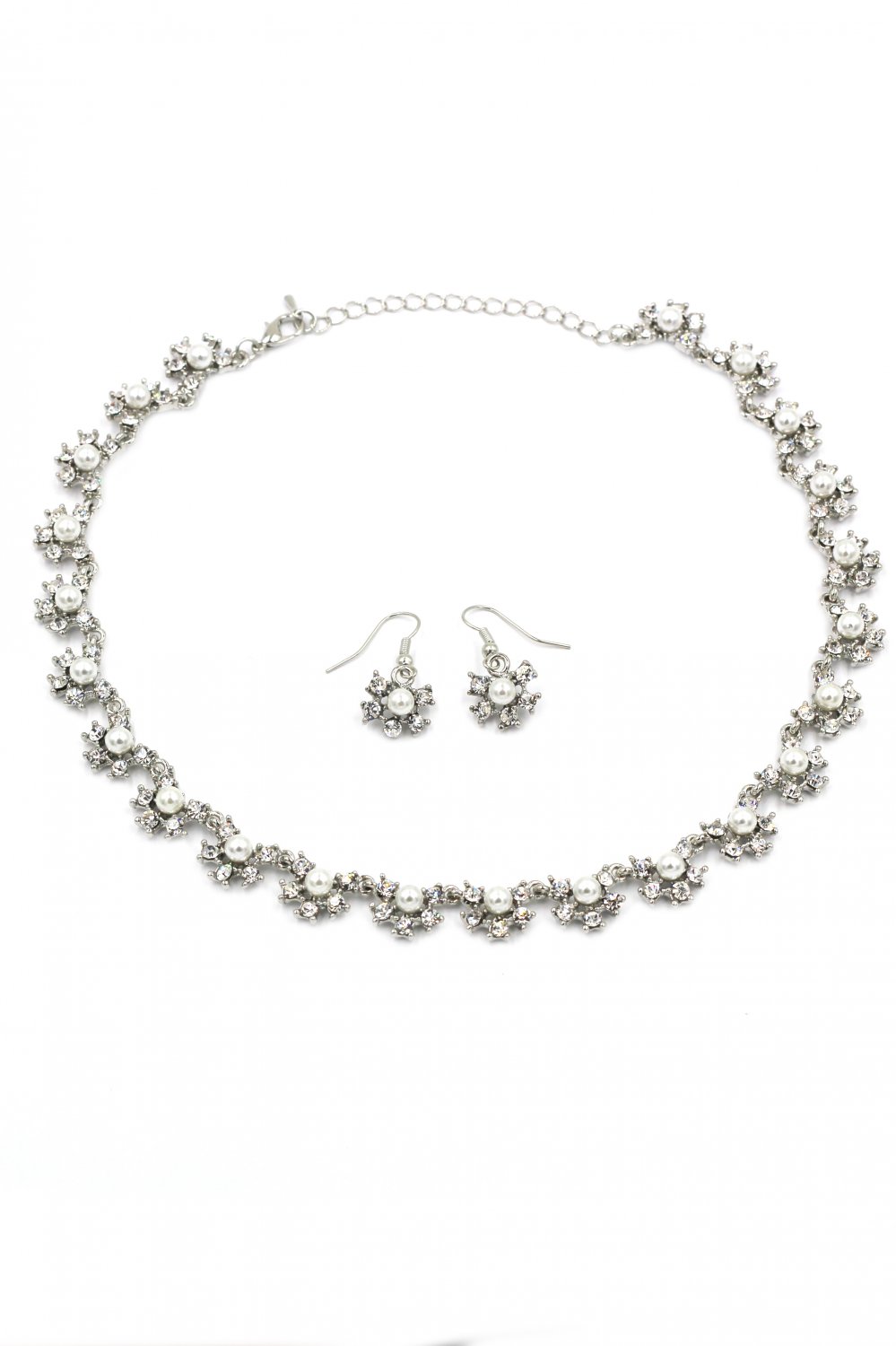 Classic crystal and pearl necklace earrings silver set