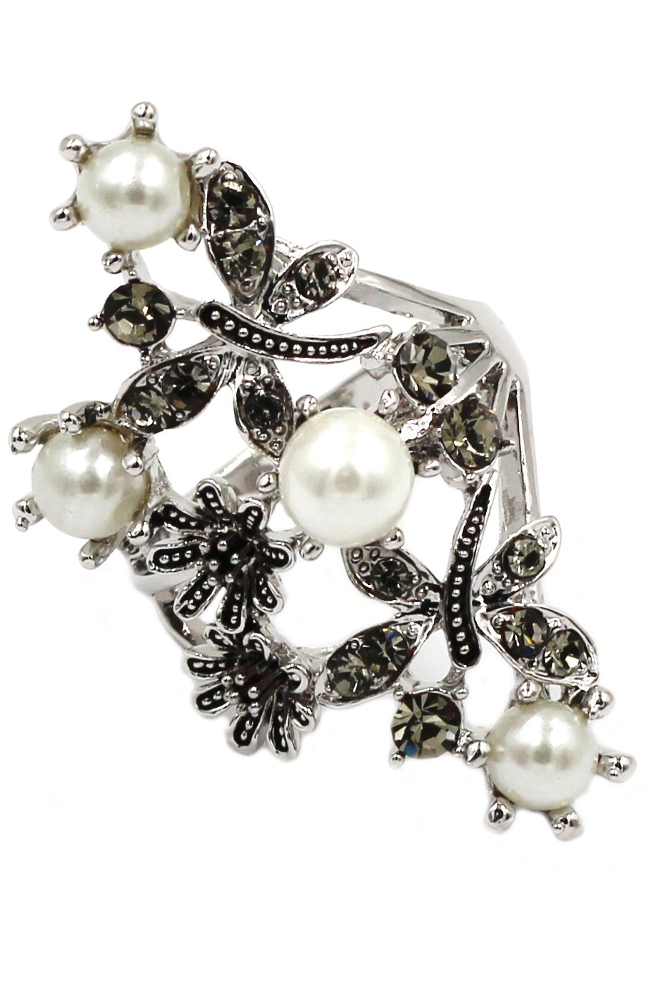 Fashion flower crystal pearl silver ring
