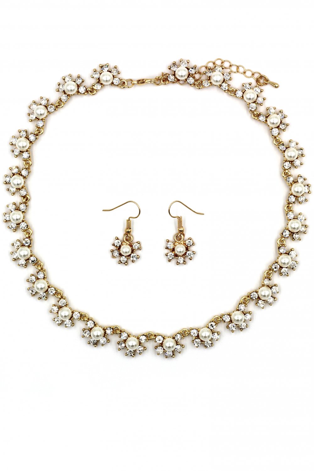 Classic crystal and pearl necklace earrings gold set
