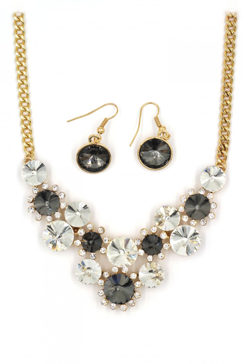 Fashion circle gray crystal golden necklace earrings sets