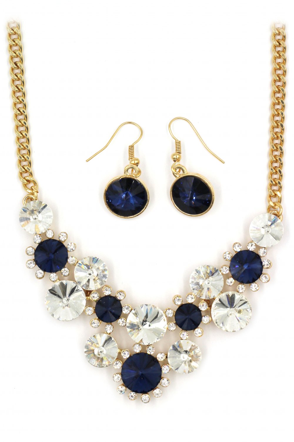 Fashion circle blue crystal golden necklace earrings sets
