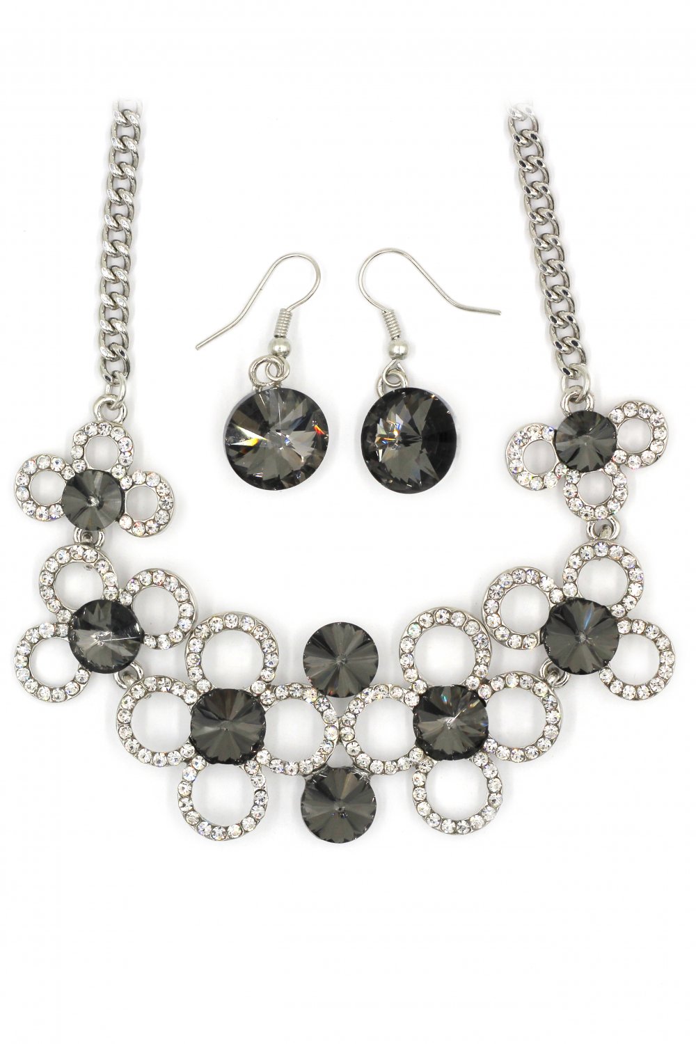 Fashion circle flower crystal gray silver necklace earrings sets