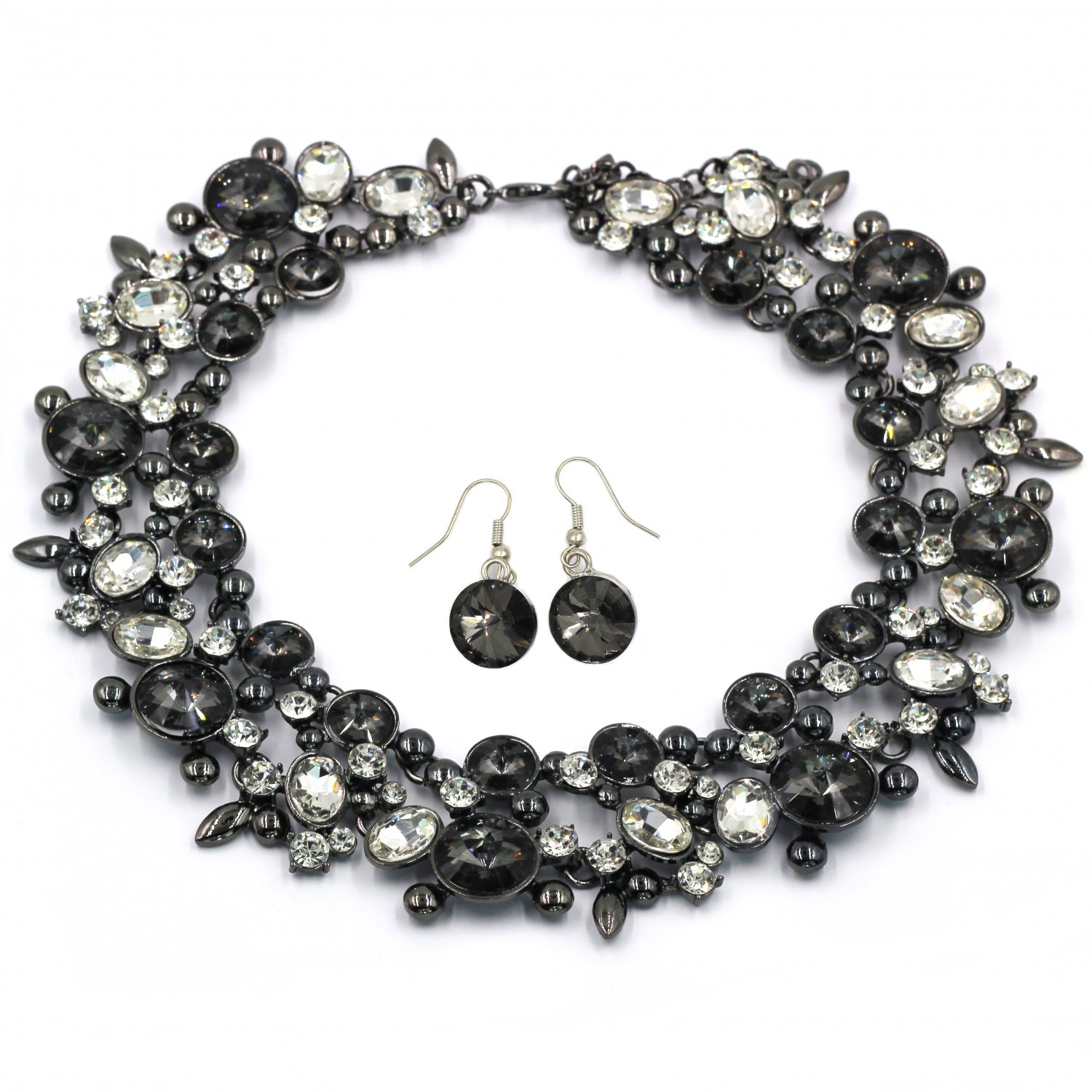 Elegant full black crystal necklace earrings set
