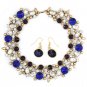 Elegant full blue crystal necklace earrings golden set