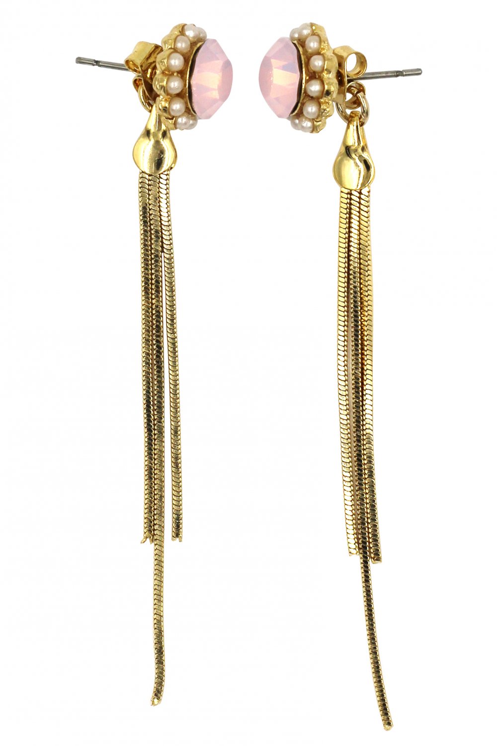 Fashion pink crystal golden tassel buckle earrings