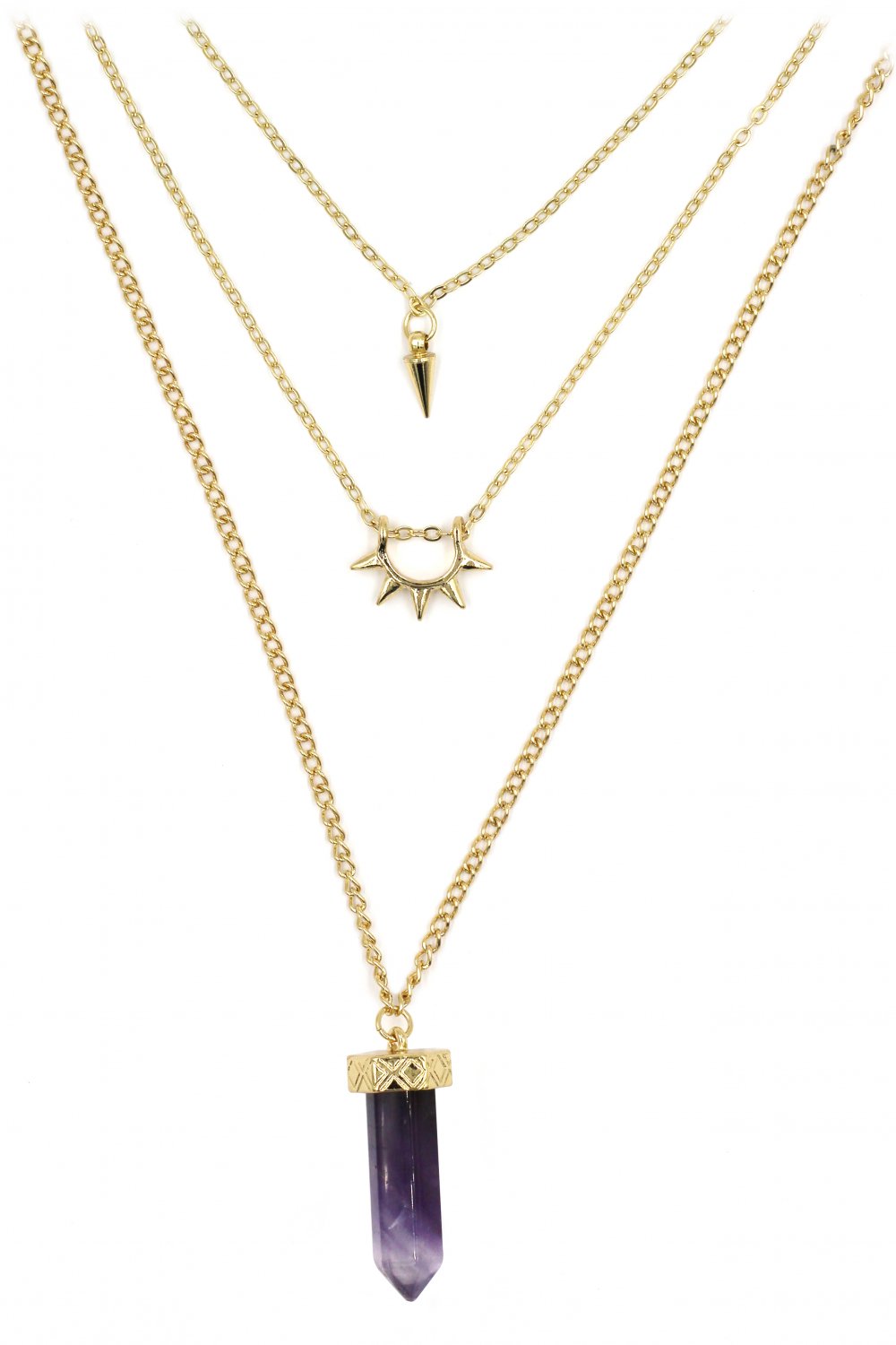 Fashion purple crystal three levels gold necklace