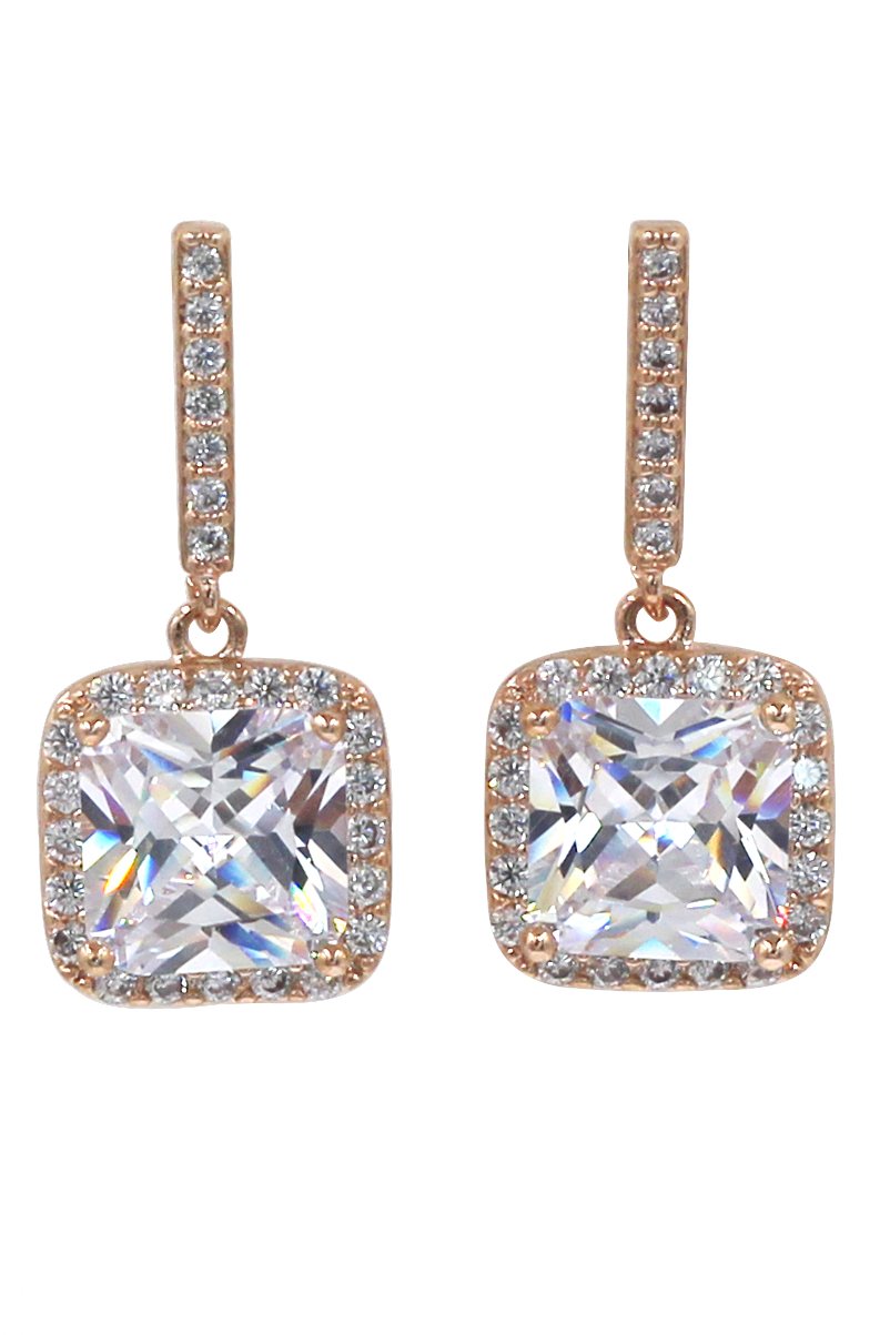 Simple rounded square rose gold crystal pendant earrings