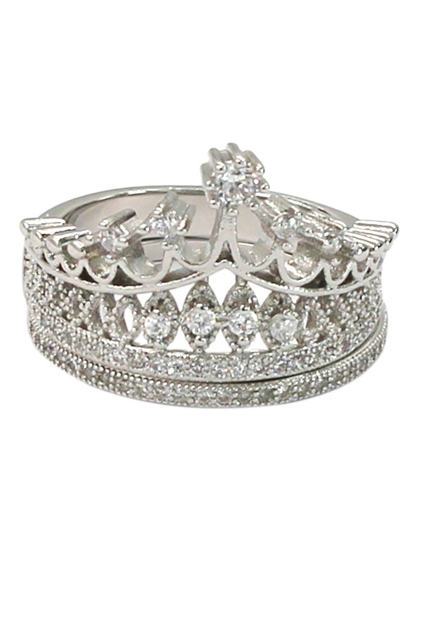 Elegant crystal crown double silver ring