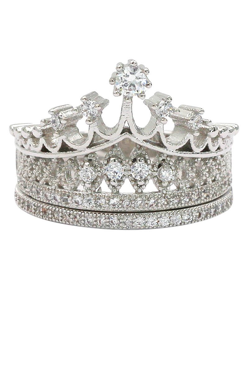 Elegant crystal crown double silver ring