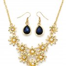 Brilliant golden flower blue crystal necklace earrings set