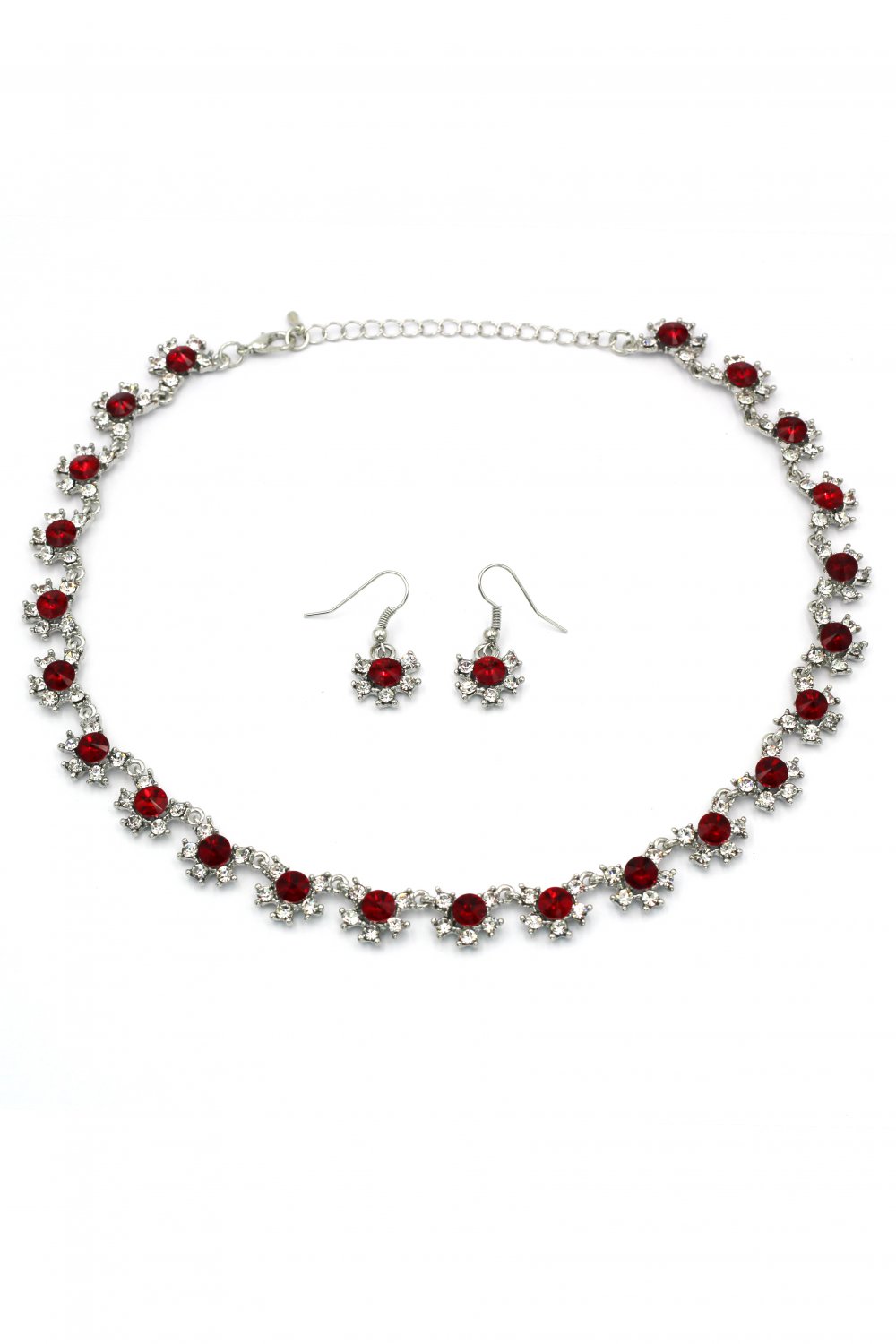 Classic red crystal necklace earrings silver set