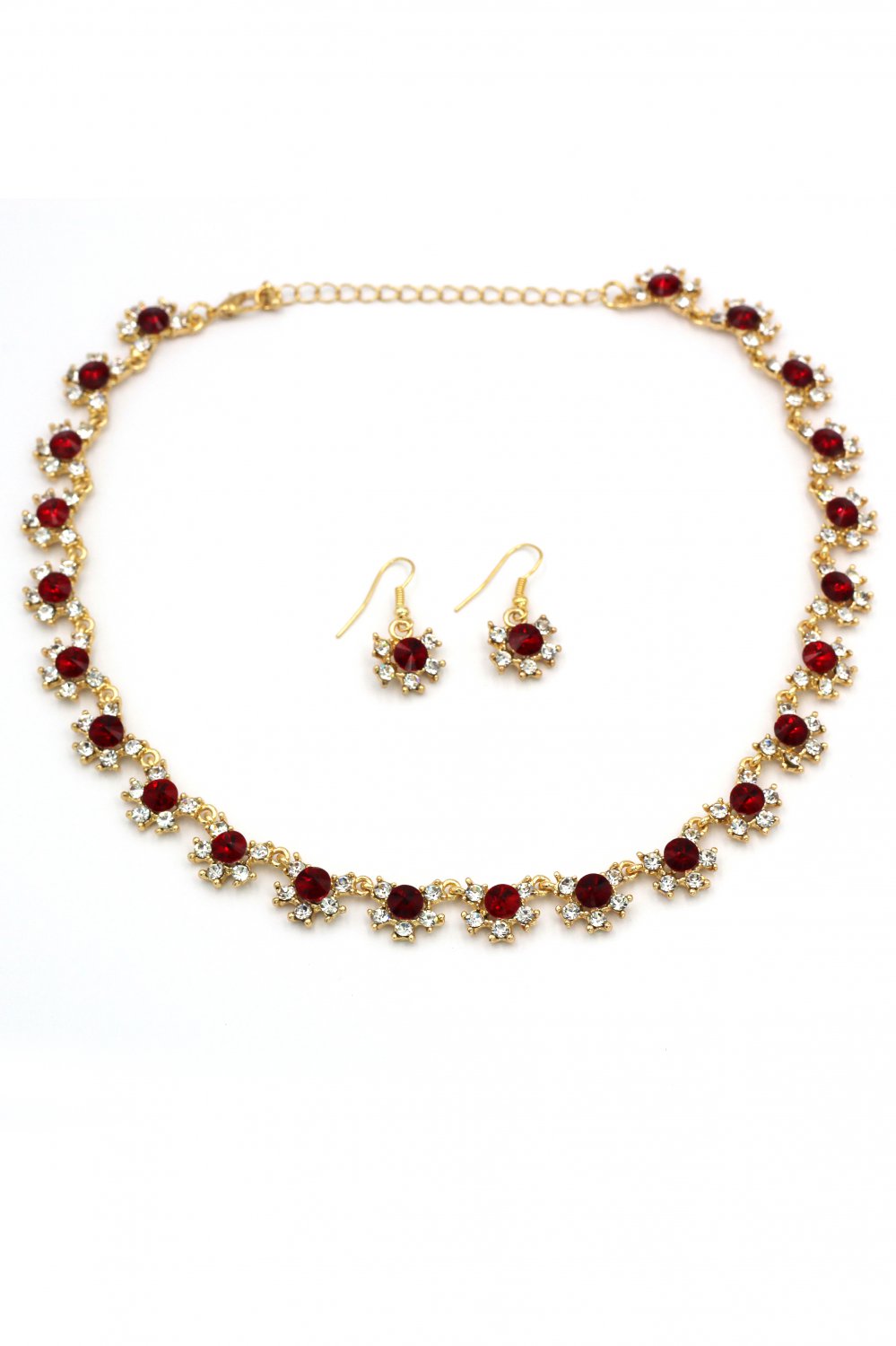 Classic red crystal necklace earrings gold set
