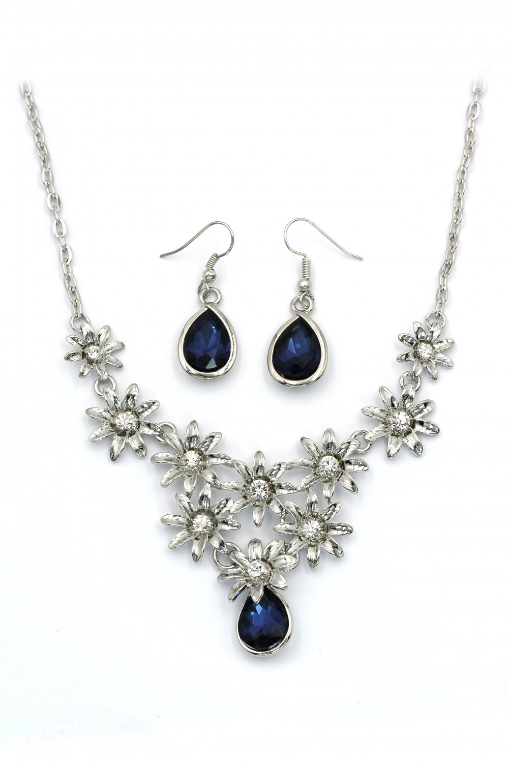 Brilliant silver flowers blue crystal necklace earrings set