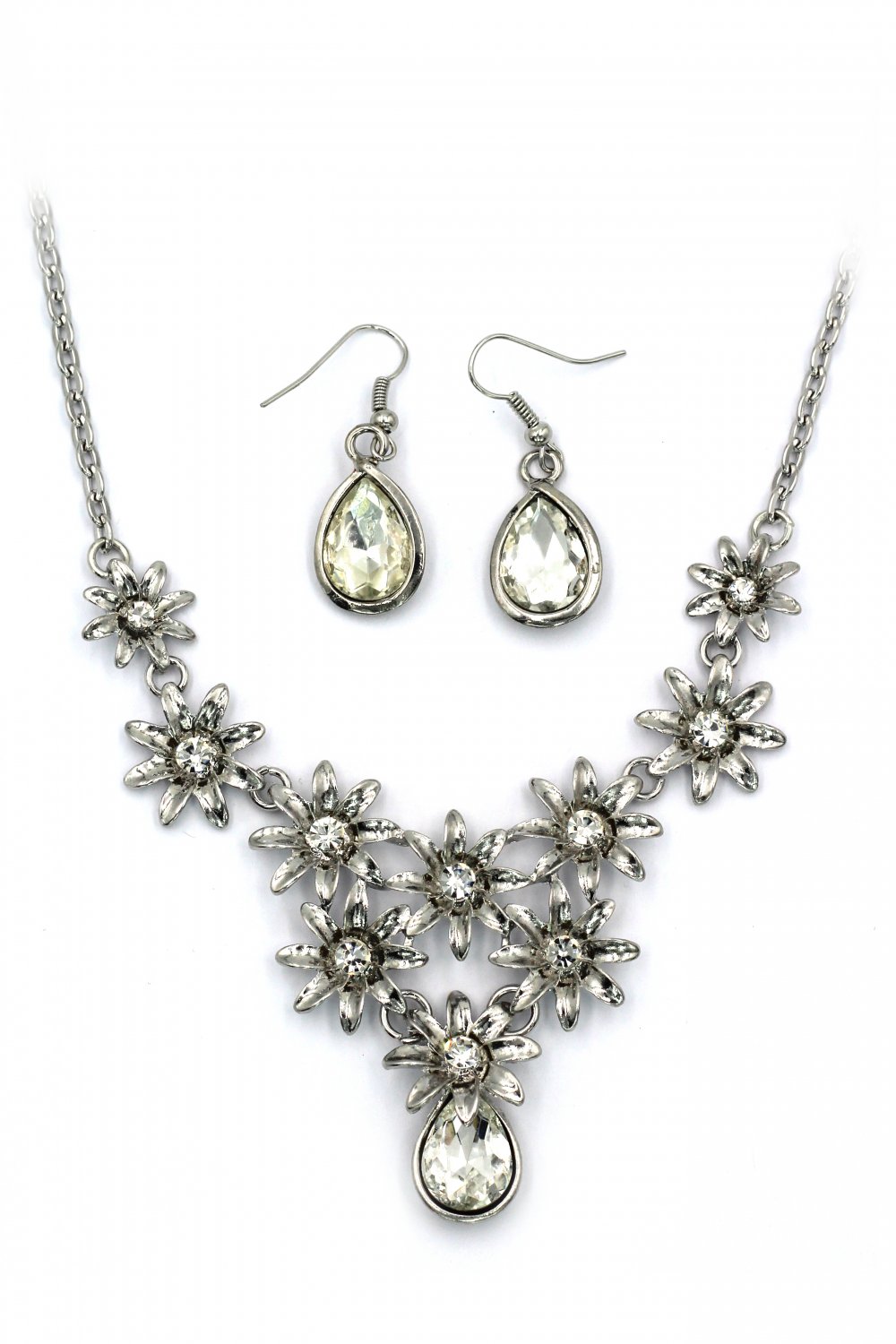Brilliant silver flowers white crystal necklace earrings set