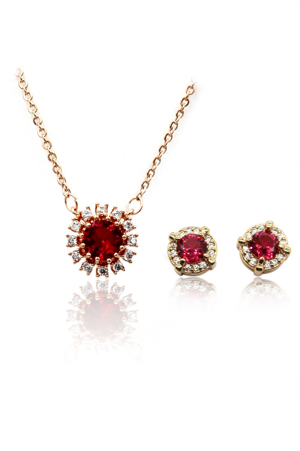 Simple red crystal necklace earrings gold set