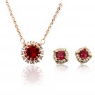 Simple red crystal necklace earrings gold set