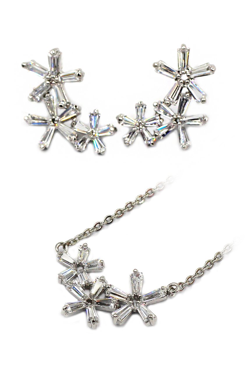 Simple flowers crystal necklace earrings silver set