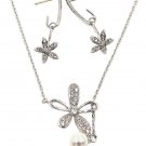 Elegant crystal flower petals necklace earrings silver set