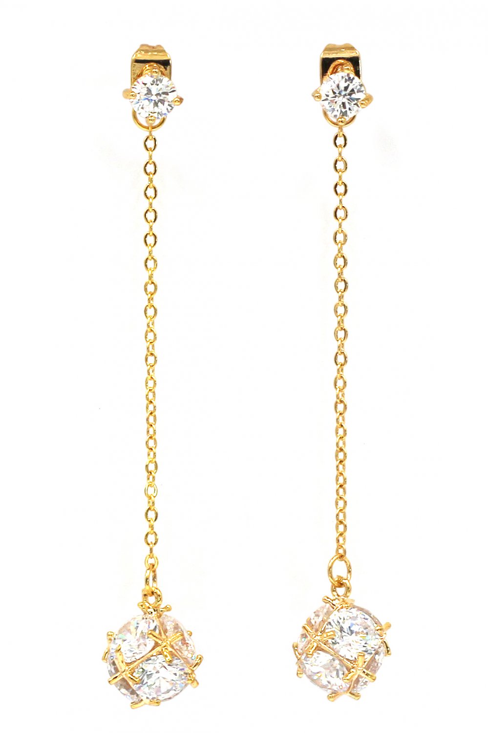 Long section tassel crystal ball gold earrings