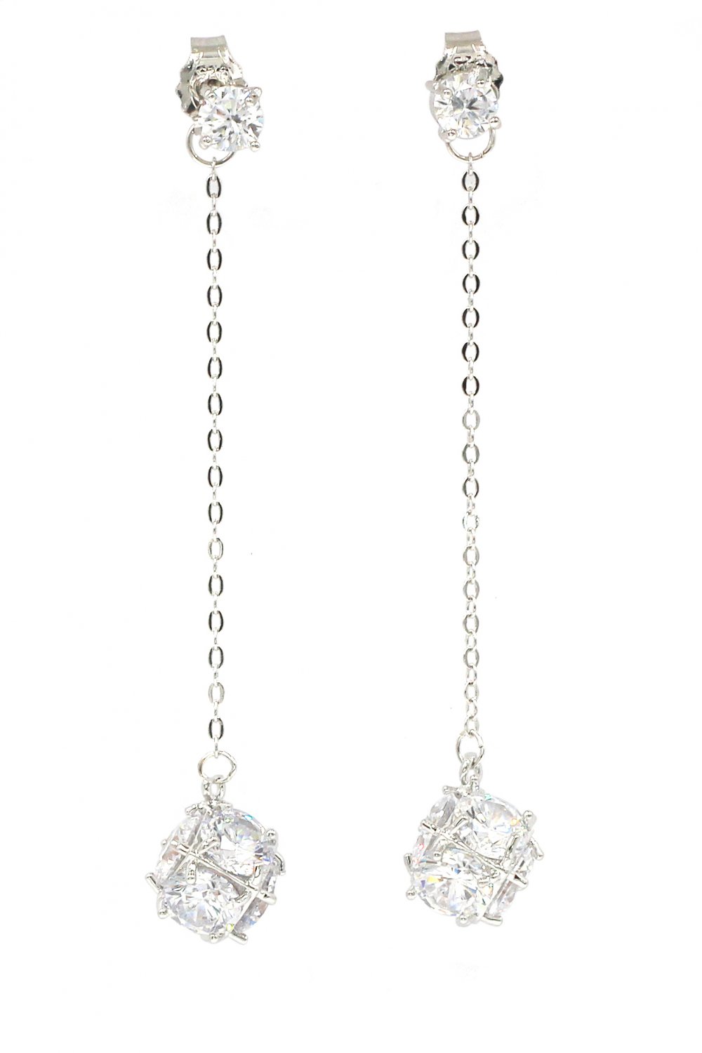 Long section tassel crystal ball silver earrings
