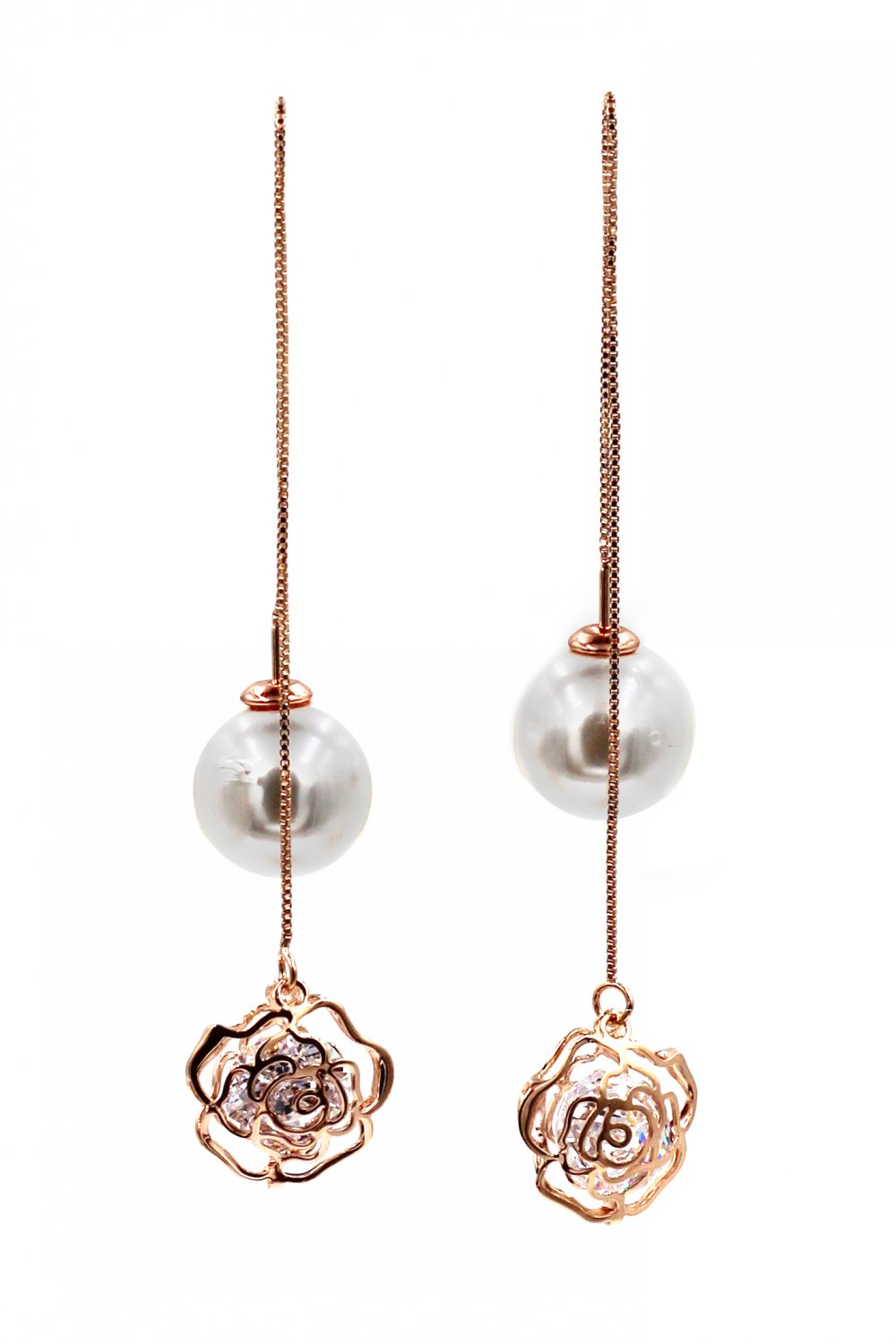 Elegant rose line and pearl rose gold earrings