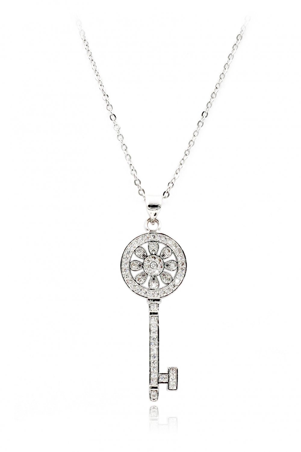 Silver fashion flower crystal silver key necklace