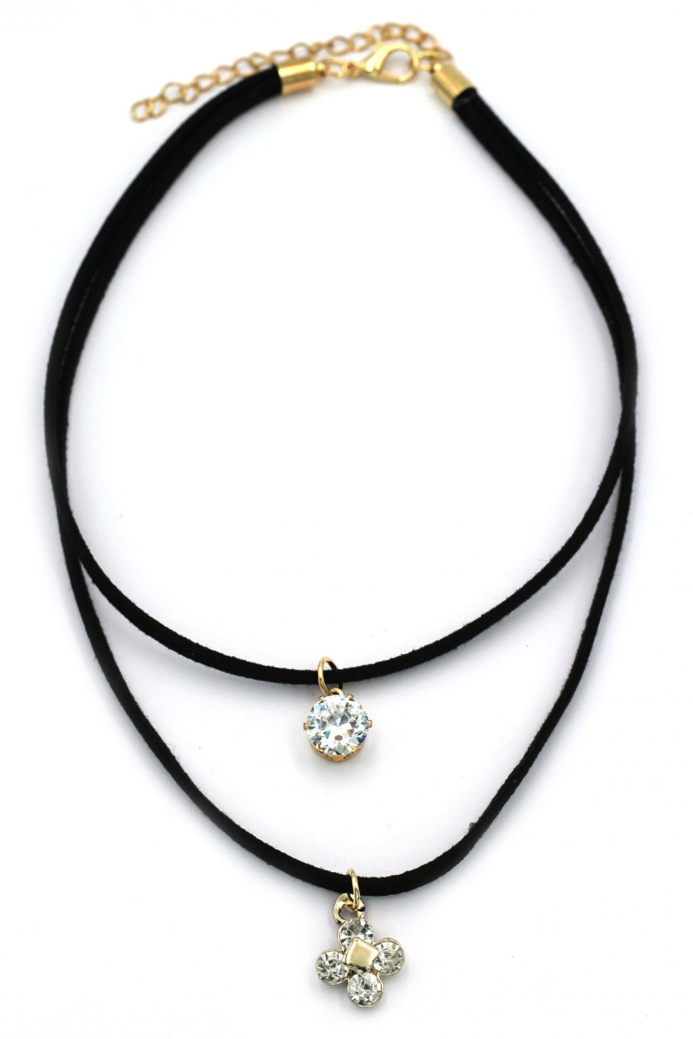 Gold fashion double-chain crystal and flower pendant black choker
