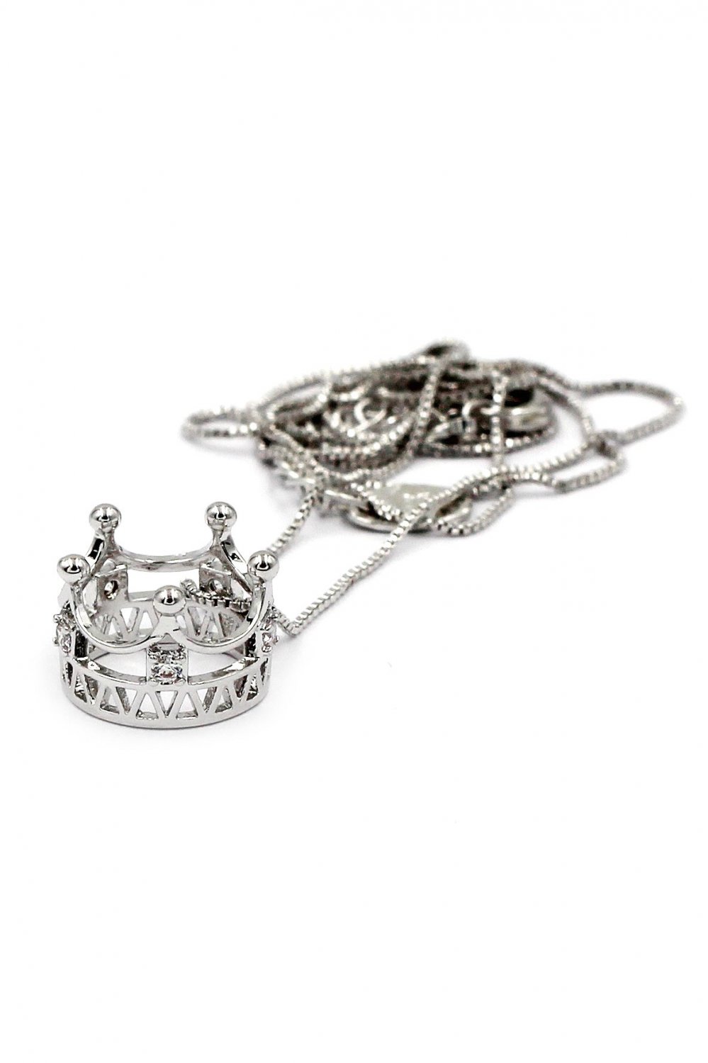 Silver delicate little crown crystal necklace