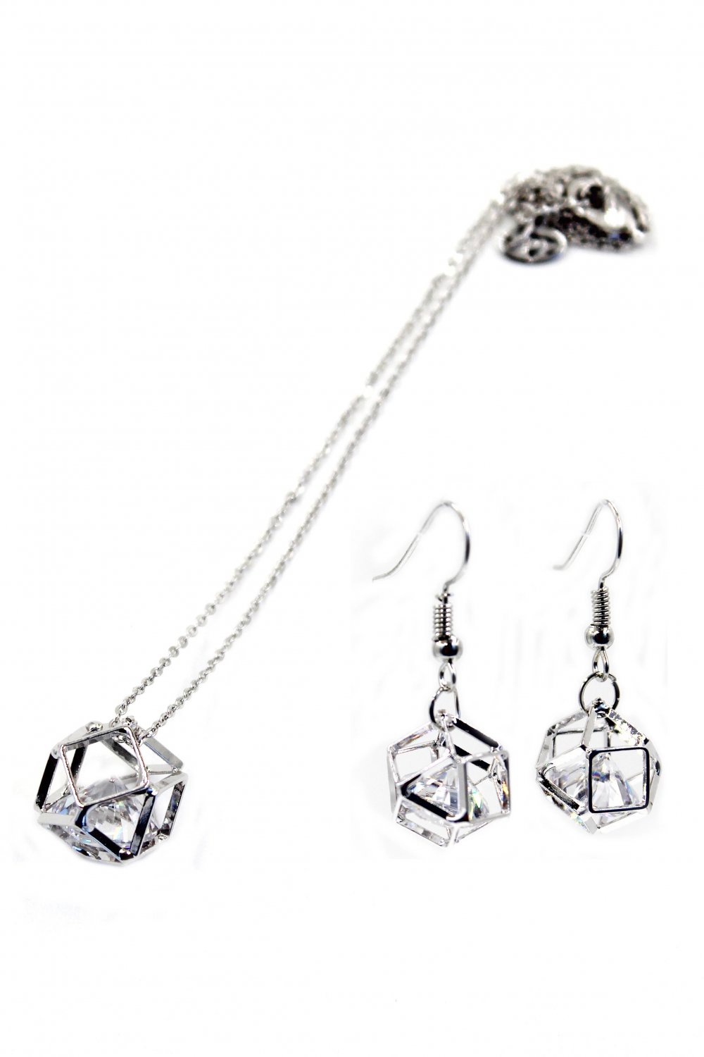 Silver prismatic crystal earrings necklace set
