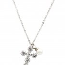 Silver mini cross crystal and pearl necklace
