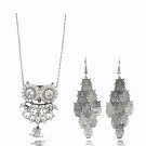 Silver fashion owl necklace earrings set
