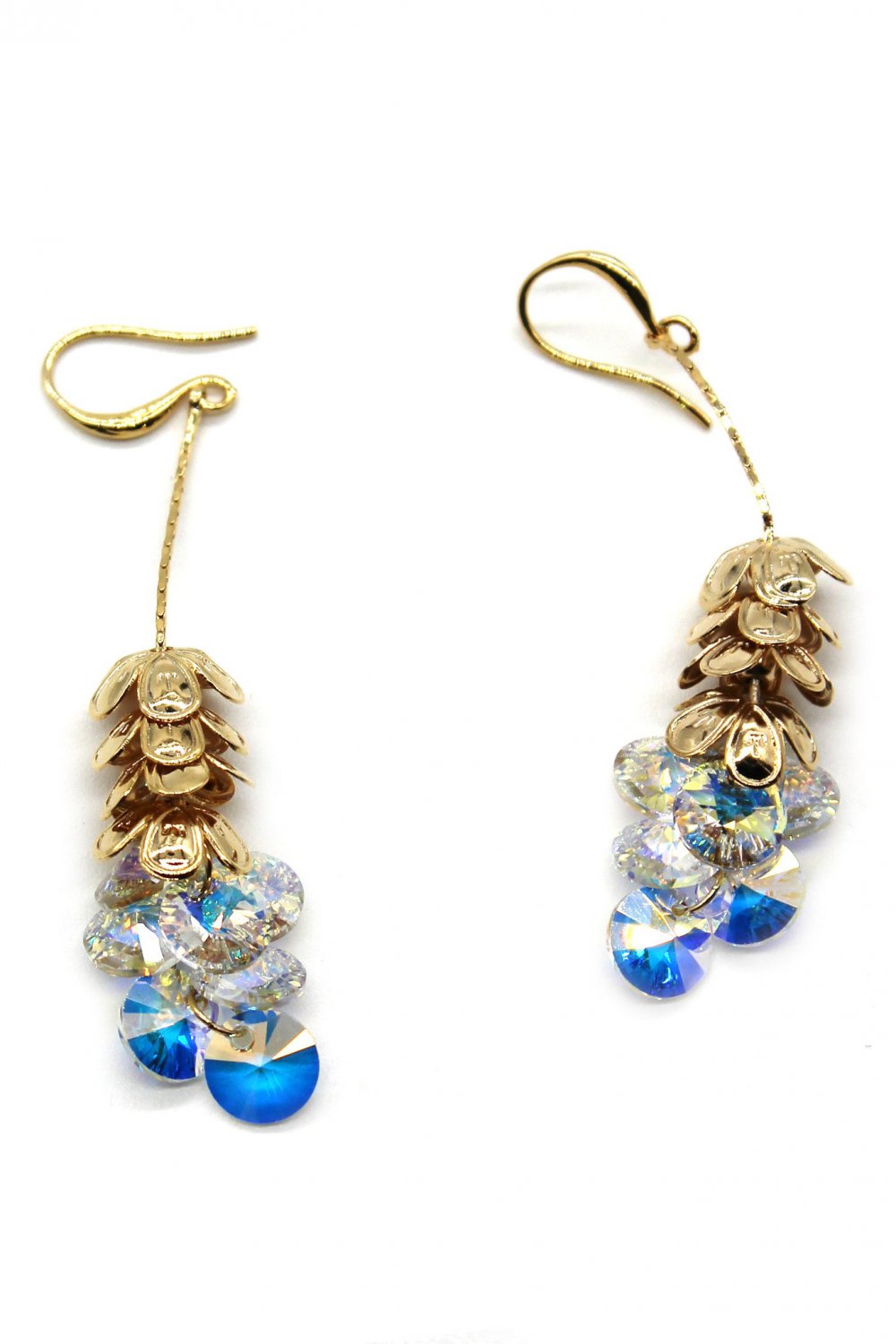 Gold elegant stacked layers flowers swarovski crystal earrings