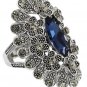 Blue noble color crystal flowers silver ring