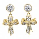 Gold fashion ribbon cross crystal pendant earrings