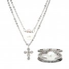 Silver elegant crystal cross pearl necklace ring set