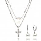 Silver fashion mini cross pearl necklace earrings set