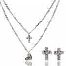 Silver simple crystal cross earrings necklace set