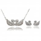 Sterling silver fashion double swan crystal necklace earrings set
