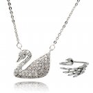 Silver single swan crystal necklace ring set