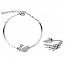 Silver elegant crystal swan bracelet ring set
