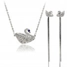 Silver delicate blue eyes crystal swan necklace long earrings set