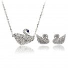 Silver delicate blue eyes crystal swan necklace earrings set